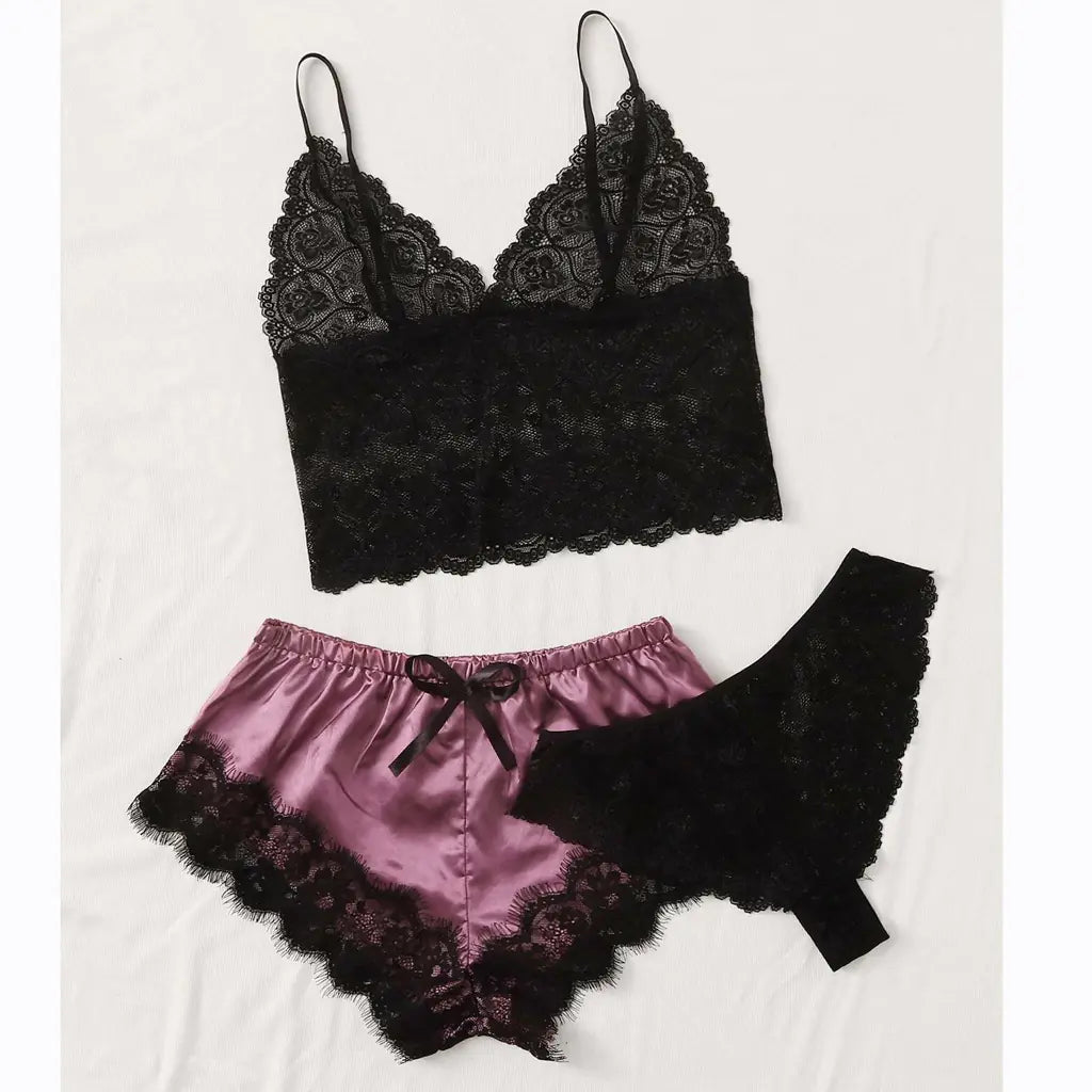 "Silk &amp; Lace Lounge" Set - 3-Piece Pajama Set in Ice Silk and Lace