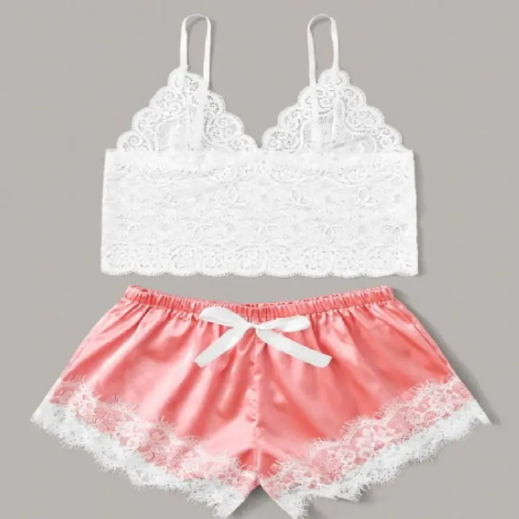 "Silk &amp; Lace" Pyjama Set - Floral Lace Top and Satin Shorts with Bow