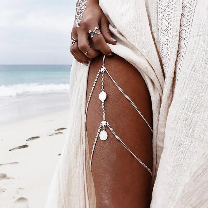Boho Goddess Leg Chain - Multi-Layer Body Jewelry with Coins and Tassels