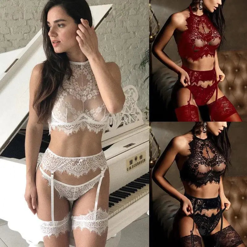 "Graceful Lace" Set - 3-Piece Halter Neck Lace Lingerie Set