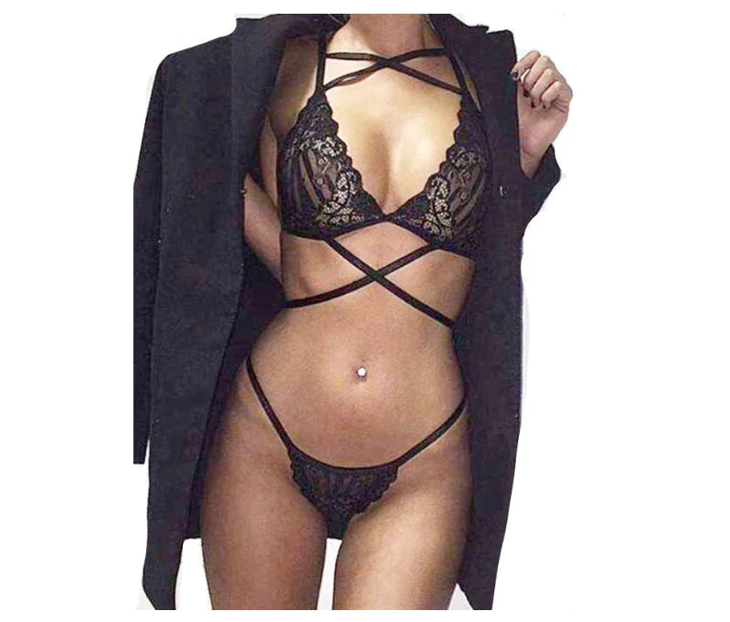 "Midnight Mystery" Set - Three-Point Lace Lingerie Set with Satin Details