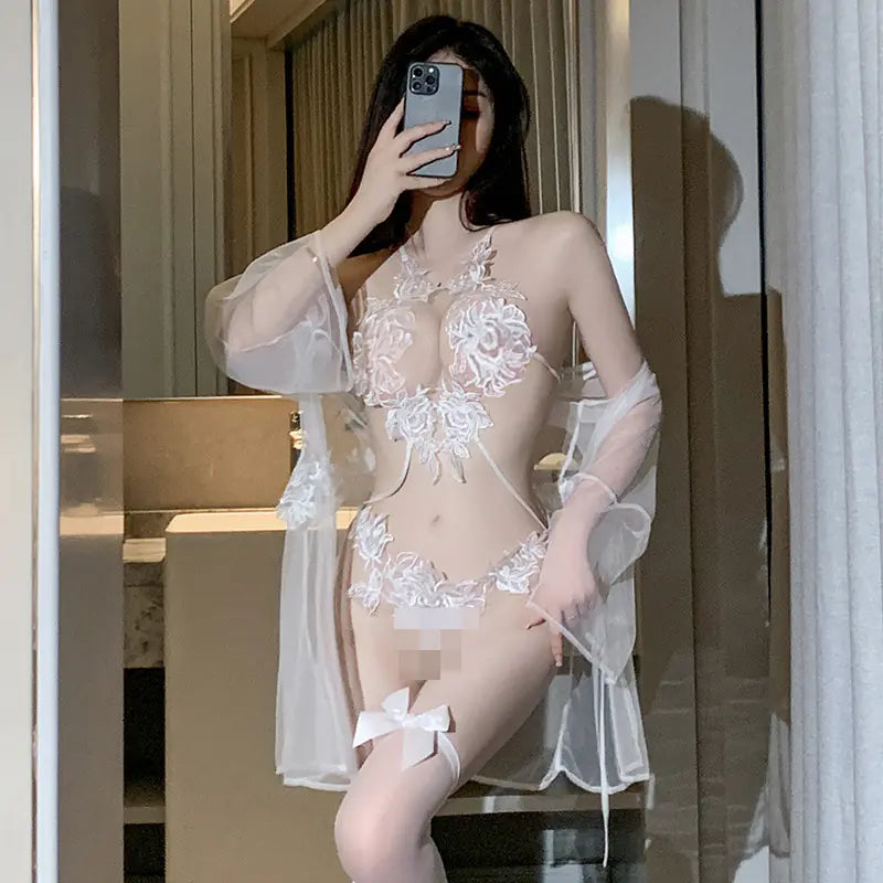 "White Angel" Set - Floral Lace Bodysuit with Chiffon Robe and Garters