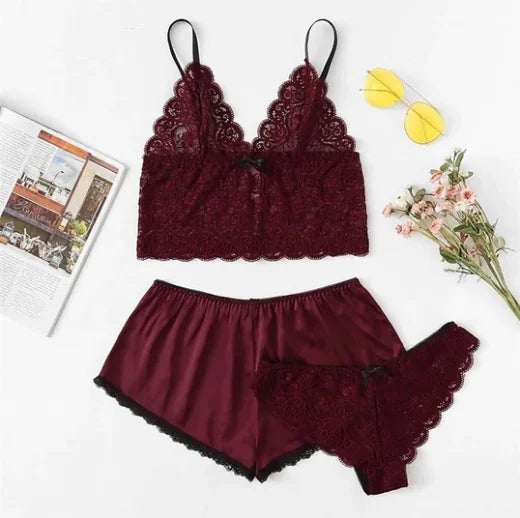 "Lace Dream" Pajama Set - 3 Piece Set: Lace Bralette, Panty and Satin Shorts