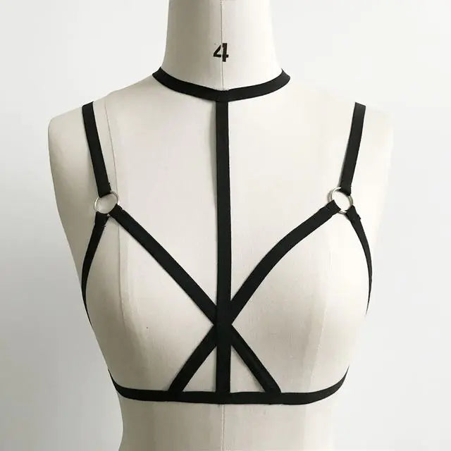 "Midnight Cage" Bra - Harness Top with Choker and Metal Rings (O-Rings)