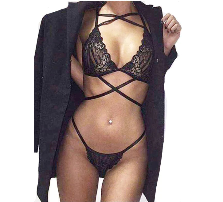 "Midnight Mystery" Set - Three-Point Lace Lingerie Set with Satin Details