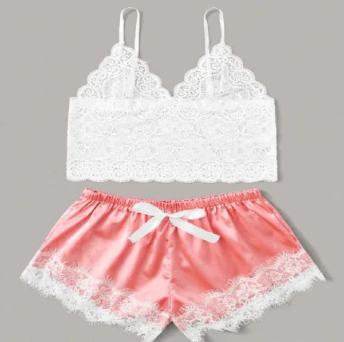 "Silk &amp; Lace" Pyjama Set - Floral Lace Top and Satin Shorts with Bow