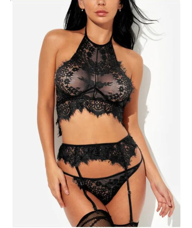 "Graceful Lace" Set - 3-Piece Halter Neck Lace Lingerie Set