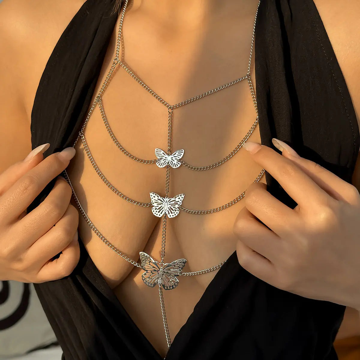 "Butterfly Cascade" Body Chain - Multi-Layer Butterfly Necklace for Décolleté
