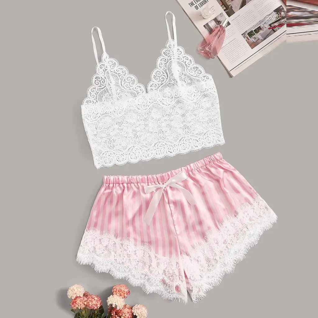 "Silk &amp; Lace" Pyjama Set - Floral Lace Top and Satin Shorts with Bow