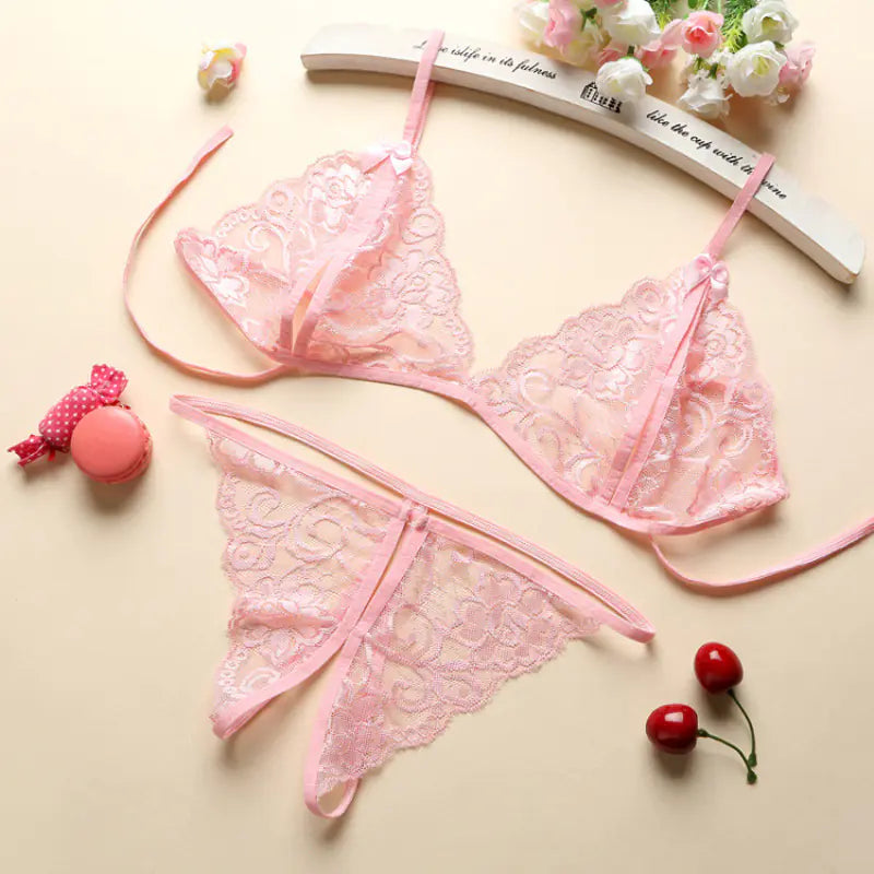 "Angelic Tease" Set - Cotton Lace Bikini with Cutouts (3 Point Style)