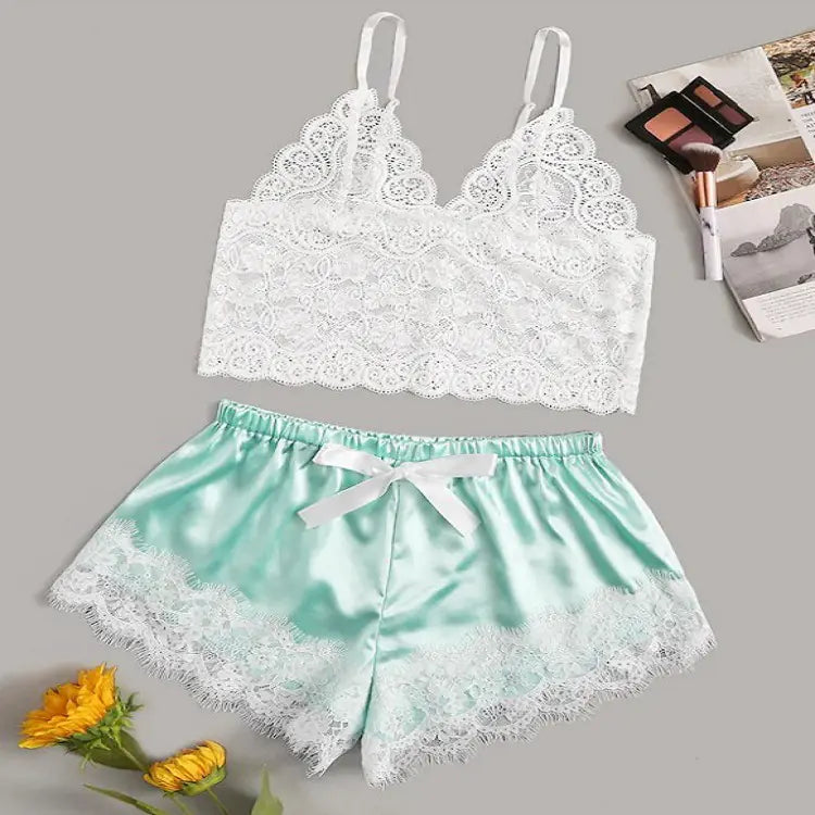 "Silk &amp; Lace" Pyjama Set - Floral Lace Top and Satin Shorts with Bow