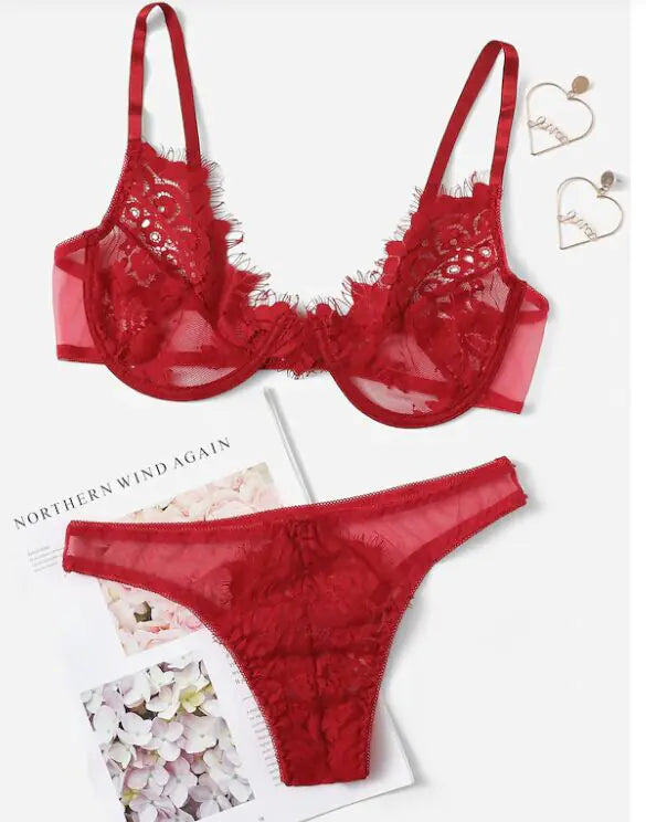 "Radiant Lace" Set - 3 Piece Set with Garter Belt and Floral Lace