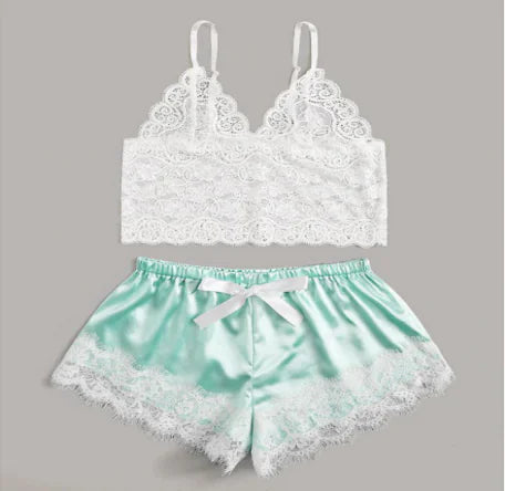 "Silk &amp; Lace" Pyjama Set - Floral Lace Top and Satin Shorts with Bow