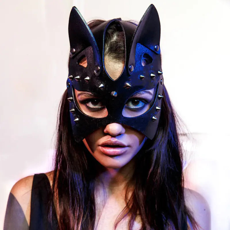 "Rebel Kitty" Mask - Leather Cat Mask with Studs