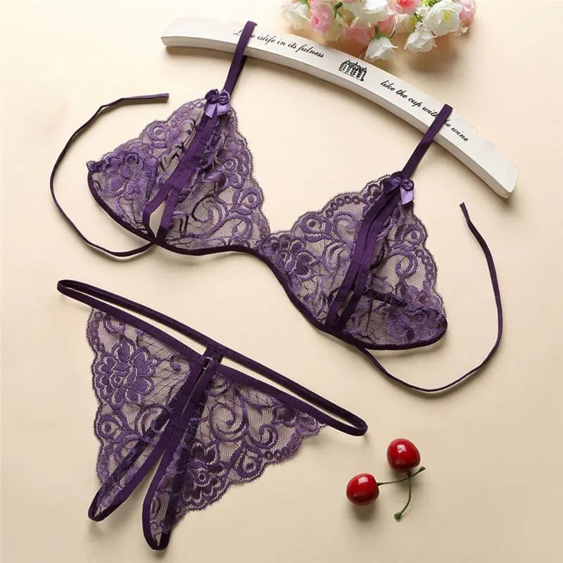"Amethyst Allure" Set - Sheer Lace Lingerie Set with "Gathering" Effect