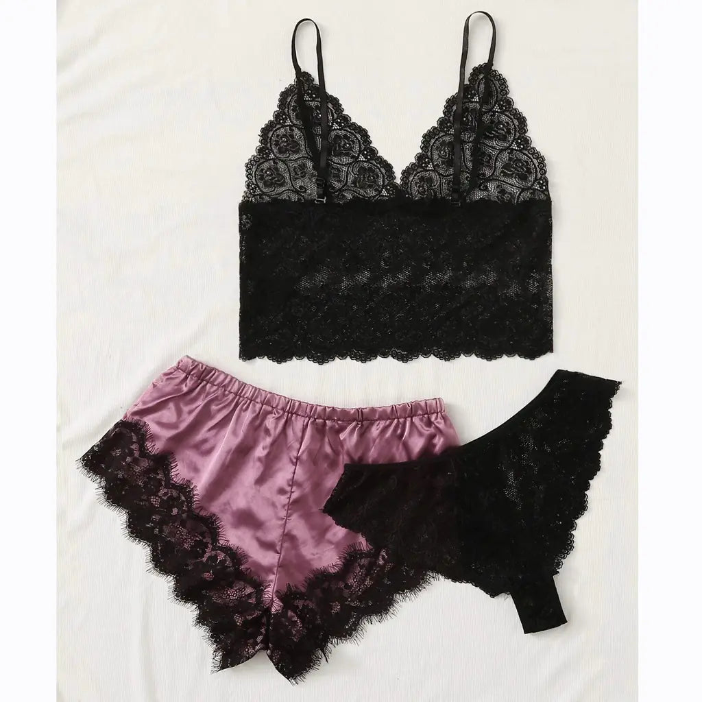 "Silk &amp; Lace Lounge" Set - 3-Piece Pajama Set in Ice Silk and Lace