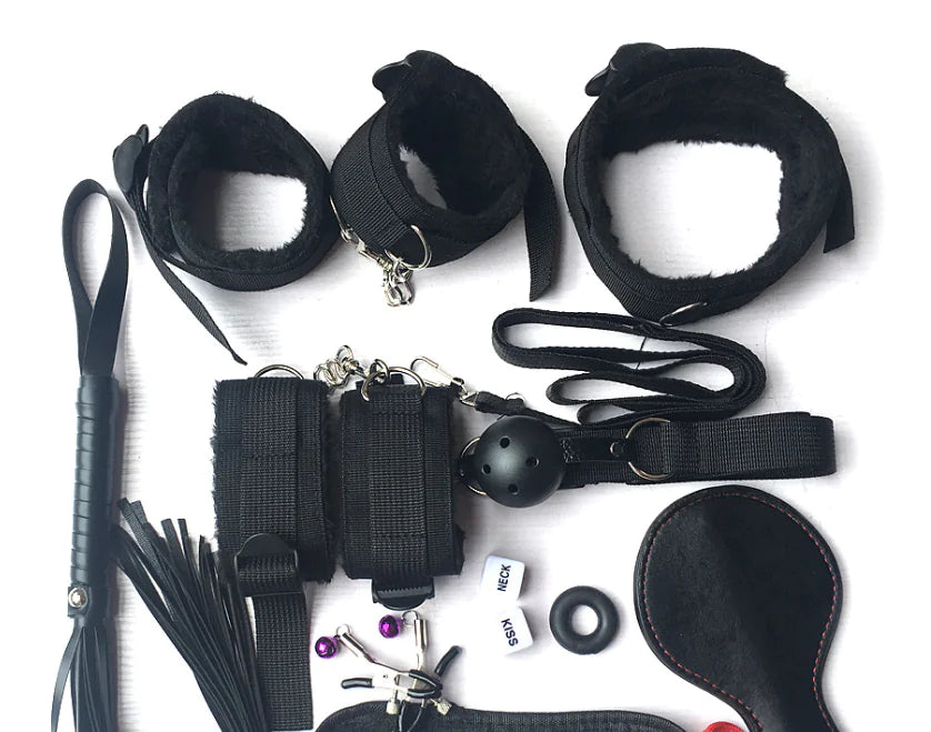 10-Piece Bondage Kit in PU Leather and Textile with Plush Lining