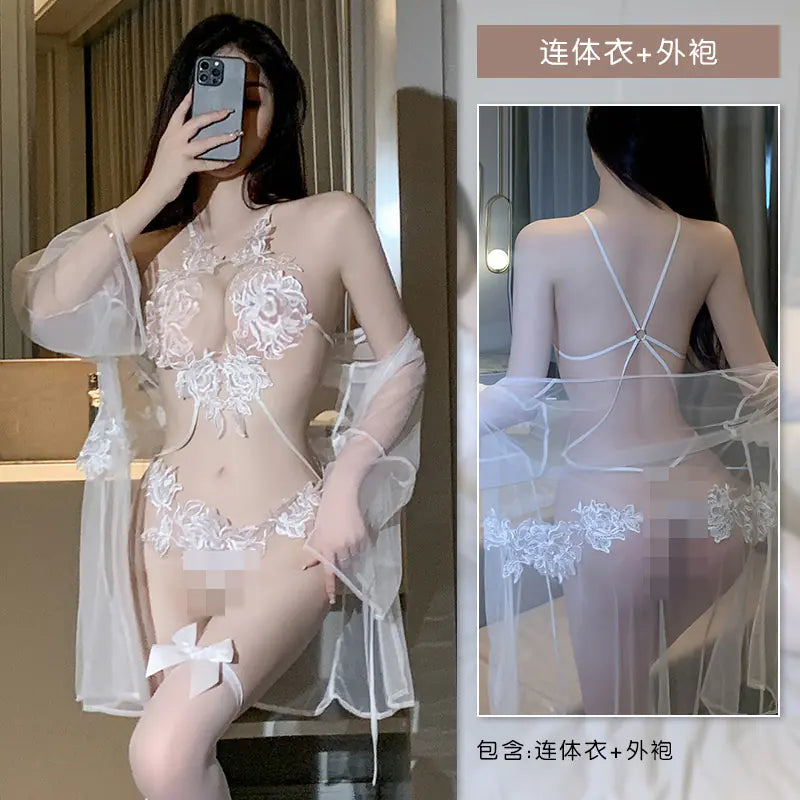 "White Angel" Set - Floral Lace Bodysuit with Chiffon Robe and Garters