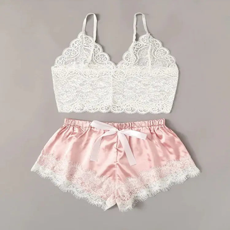 "Silk &amp; Lace" Pyjama Set - Floral Lace Top and Satin Shorts with Bow