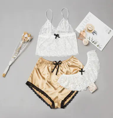 "Lace Dream" Pajama Set - 3 Piece Set: Lace Bralette, Panty and Satin Shorts