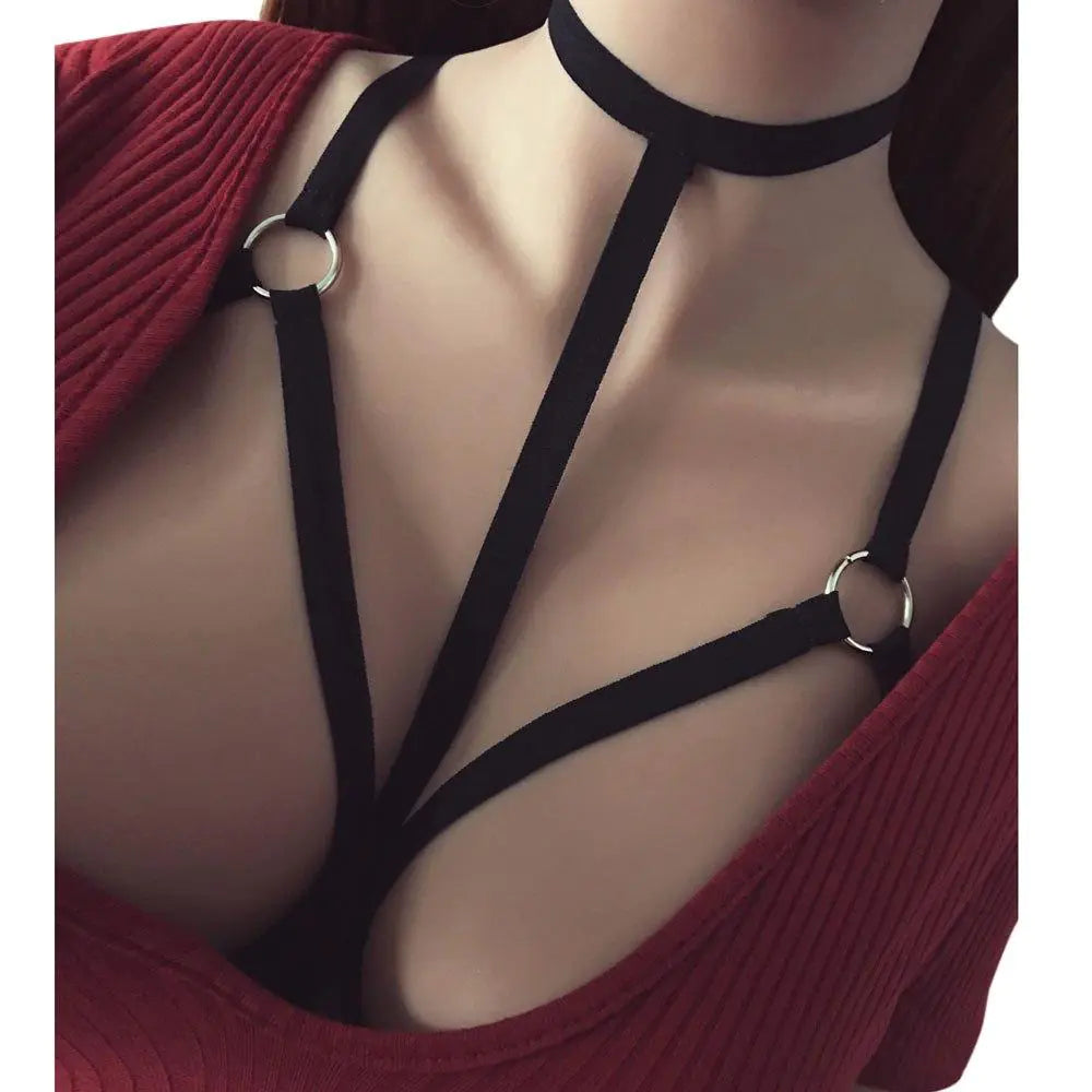 "Midnight Cage" Bra - Harness Top with Choker and Metal Rings (O-Rings)