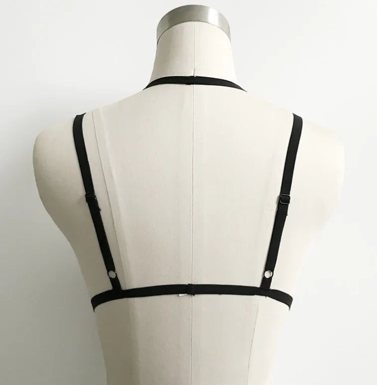 "Midnight Cage" Bra - Harness Top with Choker and Metal Rings (O-Rings)