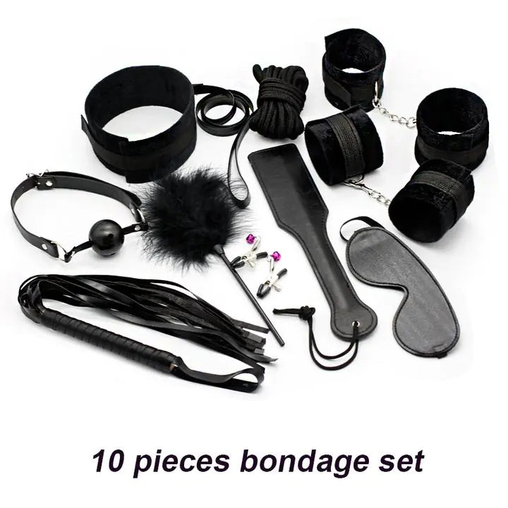 Kit de Bondage de 10 Piezas en Cuero PU y Textil con Forro de Peluche