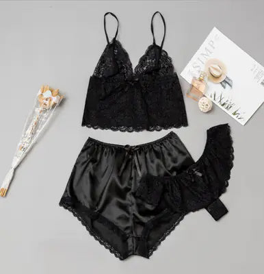 "Lace Dream" Pajama Set - 3 Piece Set: Lace Bralette, Panty and Satin Shorts
