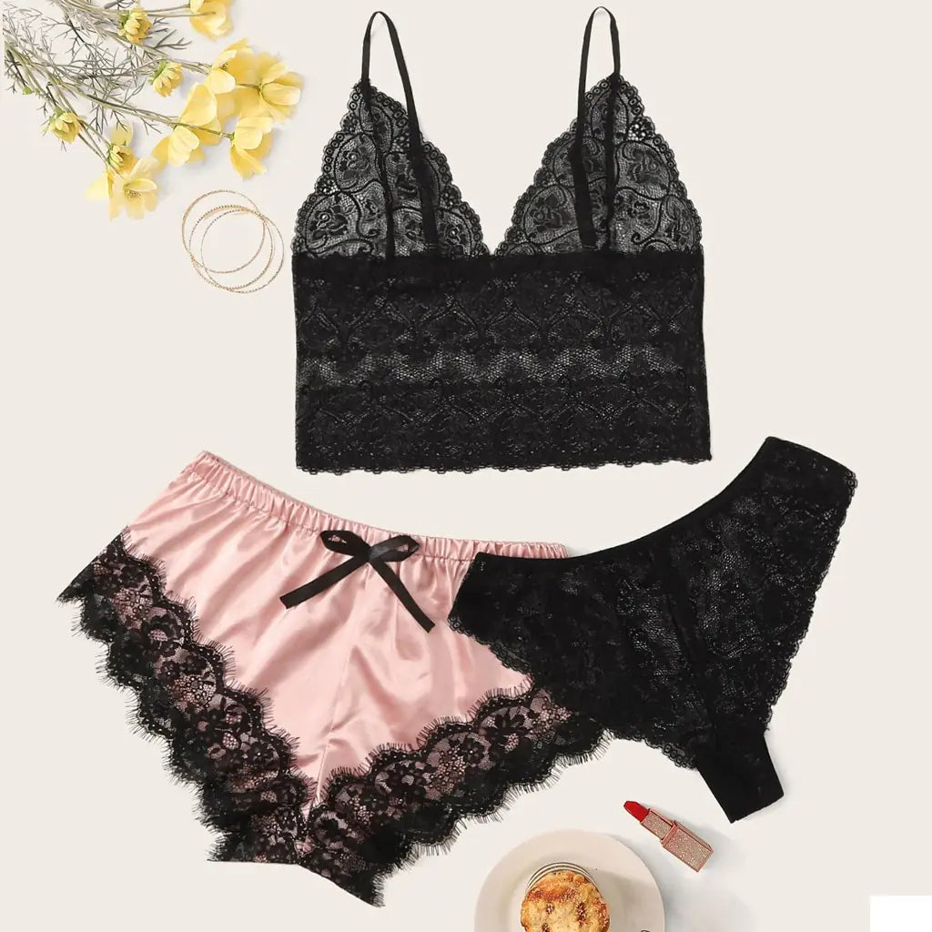 "Silk &amp; Lace Lounge" Set - 3-Piece Pajama Set in Ice Silk and Lace