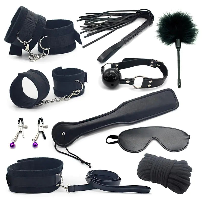 Kit de Bondage de 10 Piezas en Cuero PU y Textil con Forro de Peluche