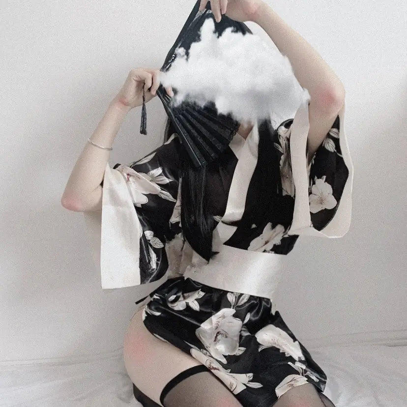 "Midnight Geisha" Lingerie Set - Short Japanese Style Kimono in Satin Black