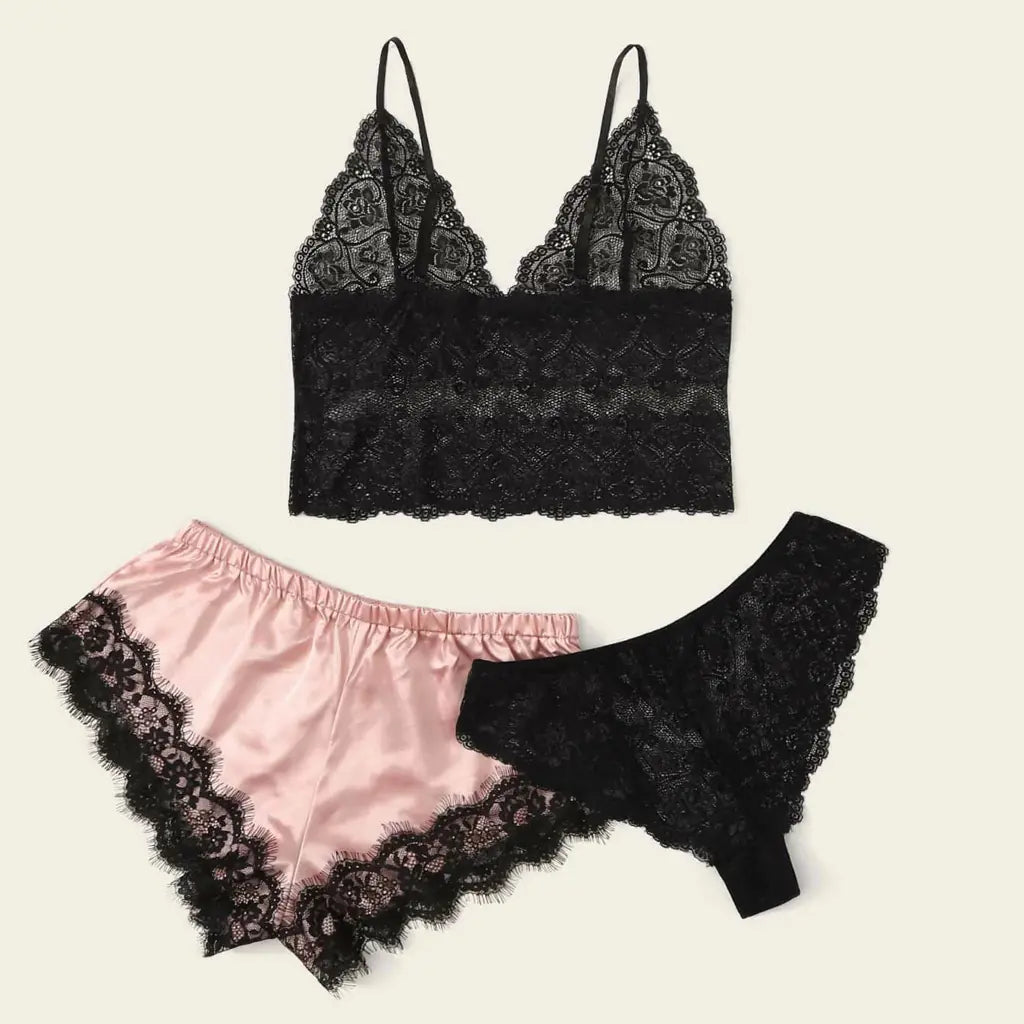 "Silk &amp; Lace Lounge" Set - 3-Piece Pajama Set in Ice Silk and Lace