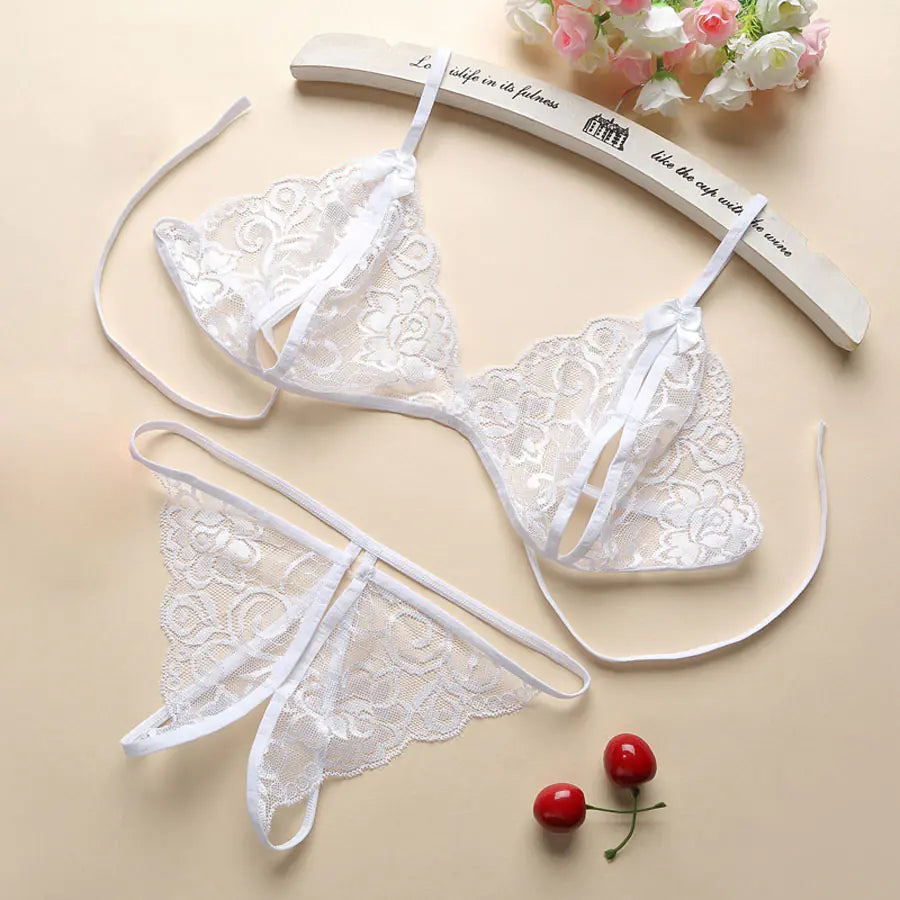 "Angelic Tease" Set - Cotton Lace Bikini with Cutouts (3 Point Style)