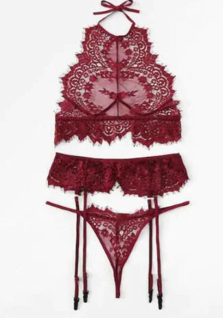 "Graceful Lace" Set - 3-Piece Halter Neck Lace Lingerie Set