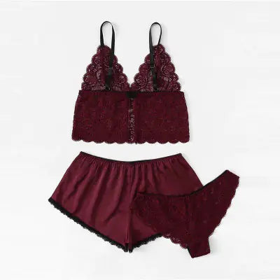"Lace Dream" Pajama Set - 3 Piece Set: Lace Bralette, Panty and Satin Shorts
