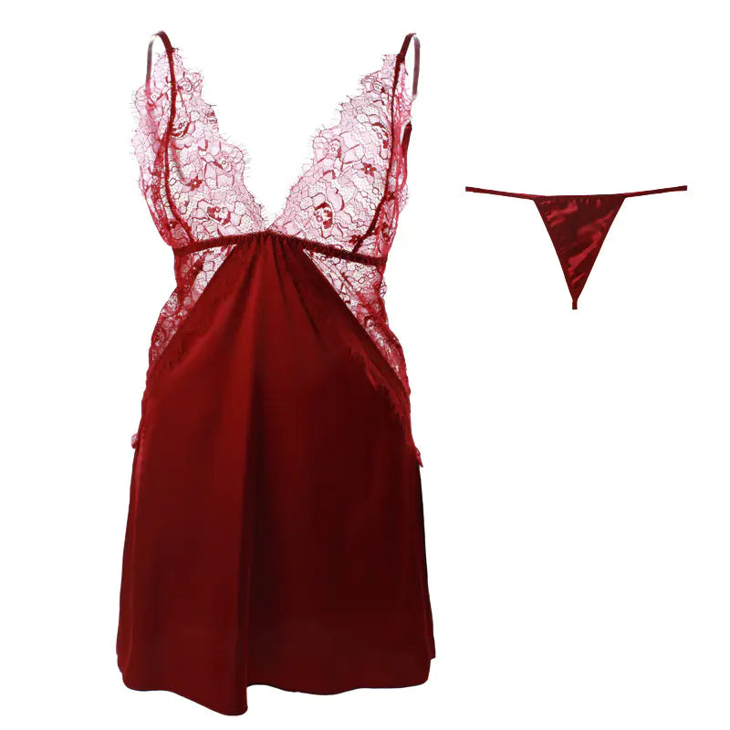 "Silk &amp; Lace Passion" Negligee - Satin Nightgown with Floral Lace and Open Back