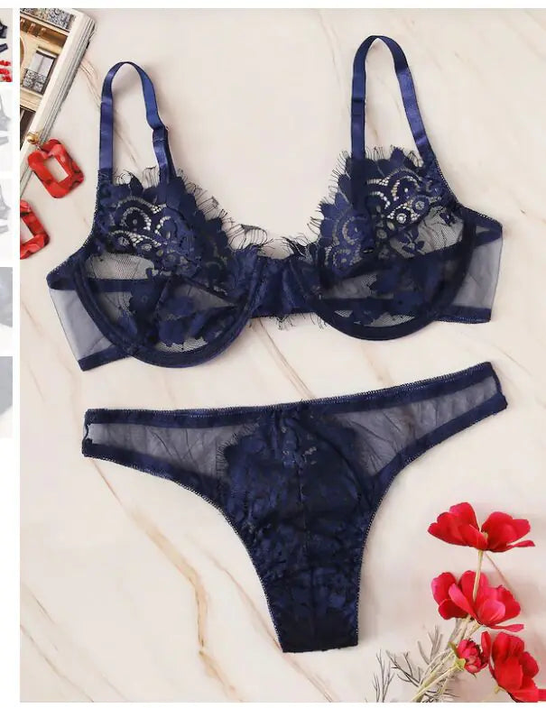 "Radiant Lace" Set - 3 Piece Set with Garter Belt and Floral Lace